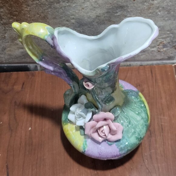 Vintage Floral Rose Pitcher Footed Vase With Handle - Picture 12 of 12